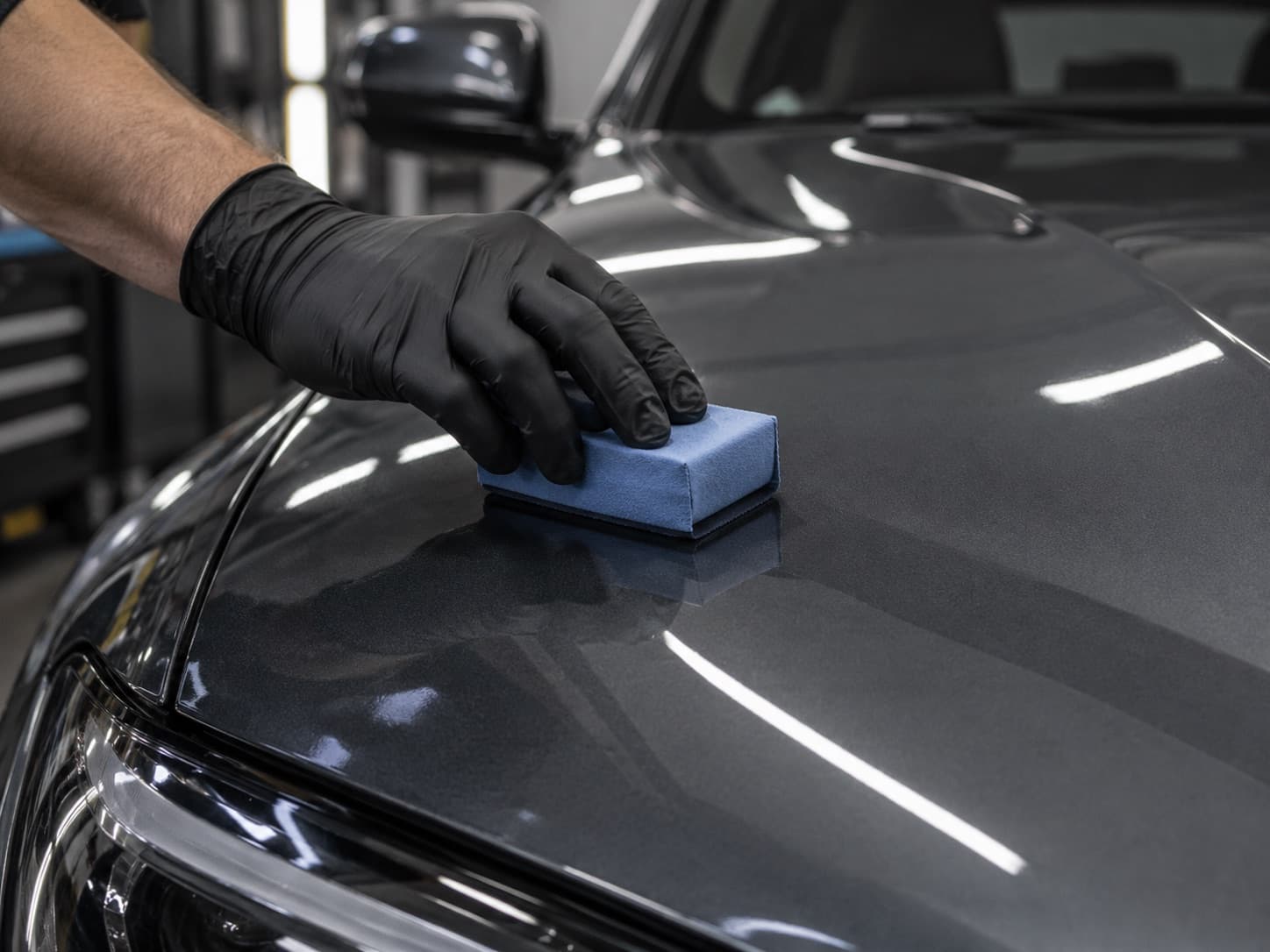 Gloved hand applying wax to a dark gray hood with a foam applicator