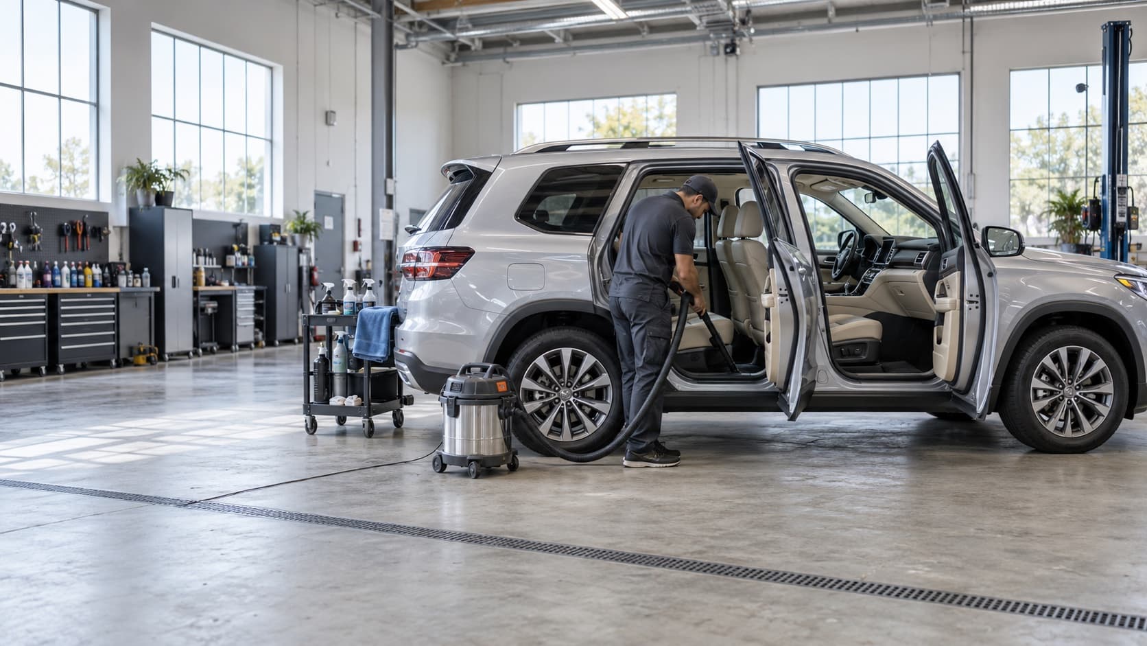 Detailer vacuuming an SUV cabin with the doors open in a professional shop